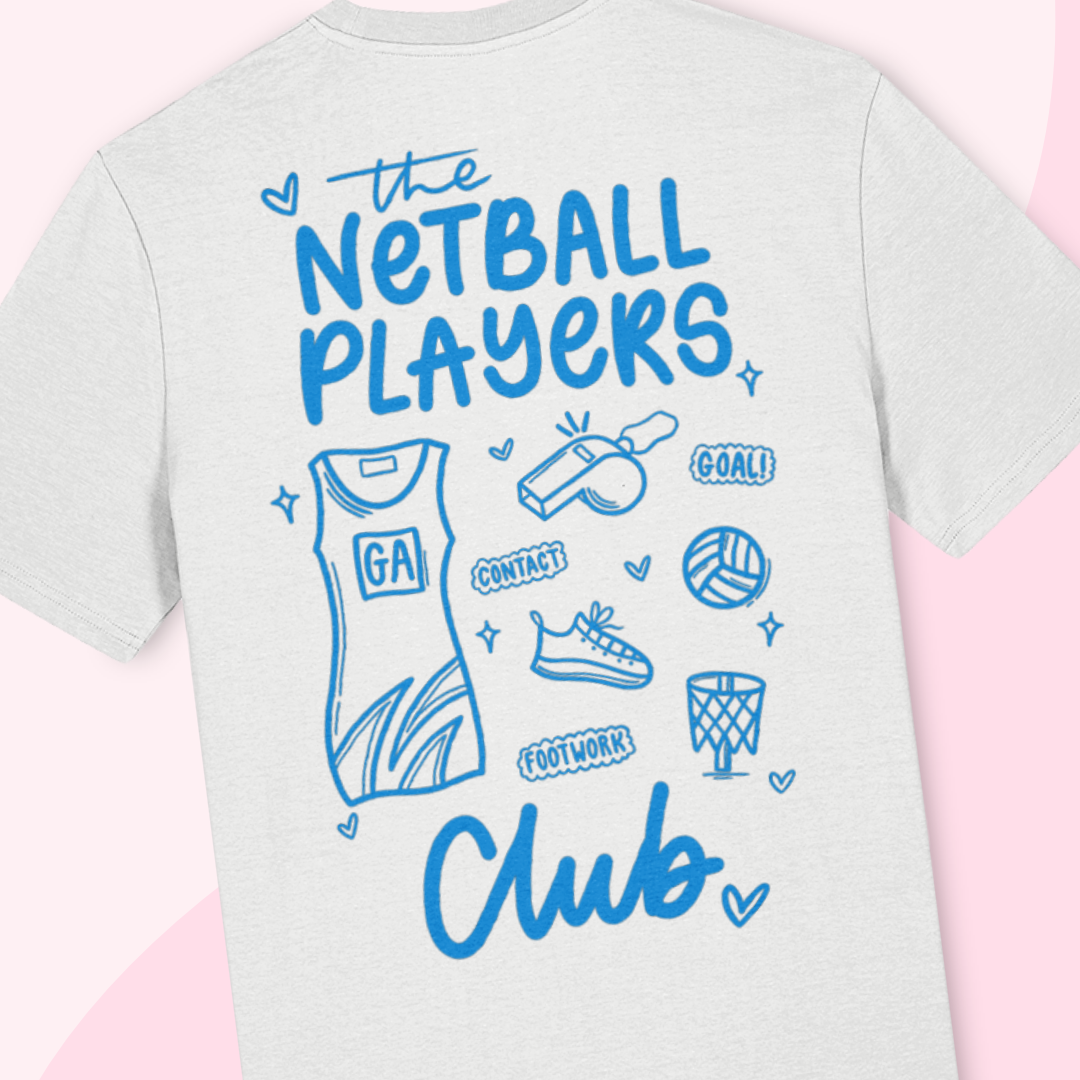 T-shirt with blue netball-themed graphics and text on a white background