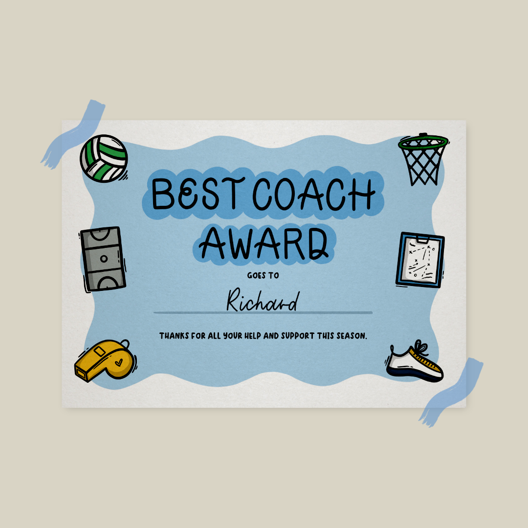 Personalised Netball Best Coach Award Certificate