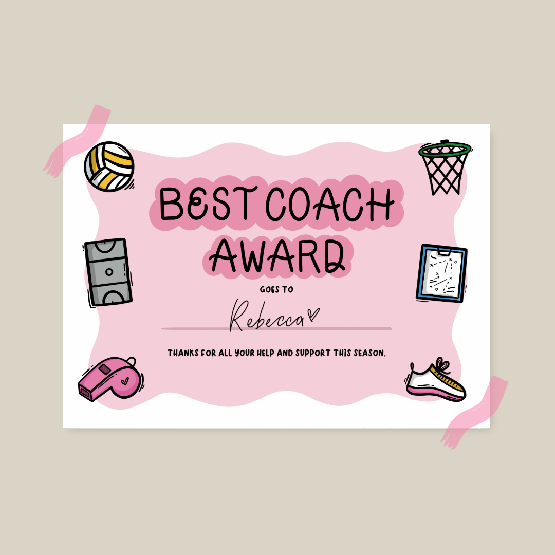 Personalised Netball Best Coach Award Certificate
