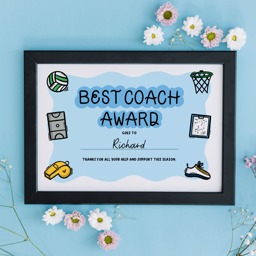 Personalised Netball Best Coach Award Certificate