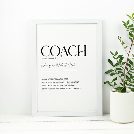 Framed print with the word 'COACH' and a potted plant on a white surface.