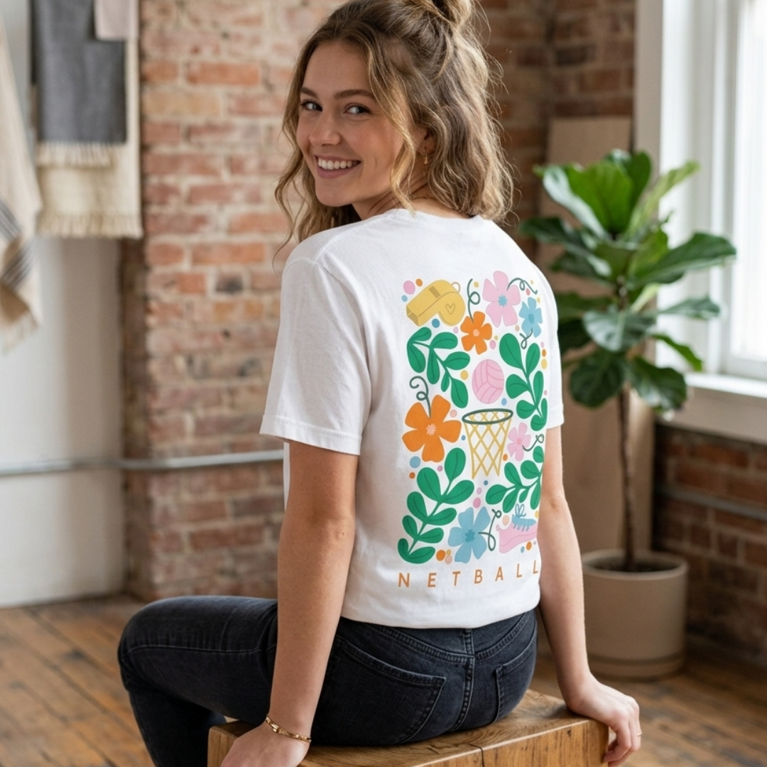 Woman sitting on a wooden stool wearing a white t-shirt with colorful floral and netball design.
